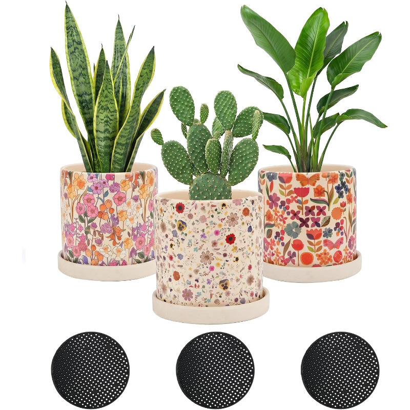 Snake Plant Ceramic - 3 Buah Pot Keramik Motif Bunga